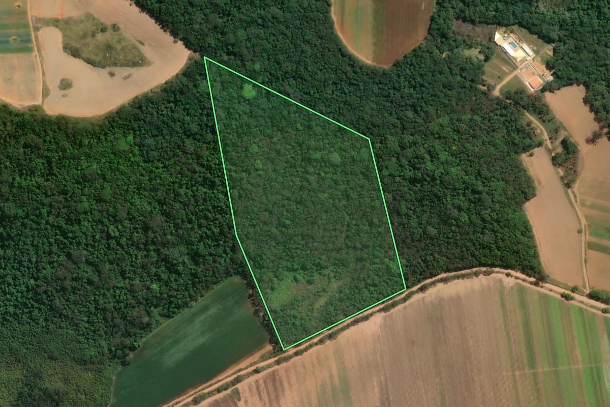 Imagem de satélite do imóvel rural em Ibiúna (SP), com o contorno declarado no CAR desenhado por cima.