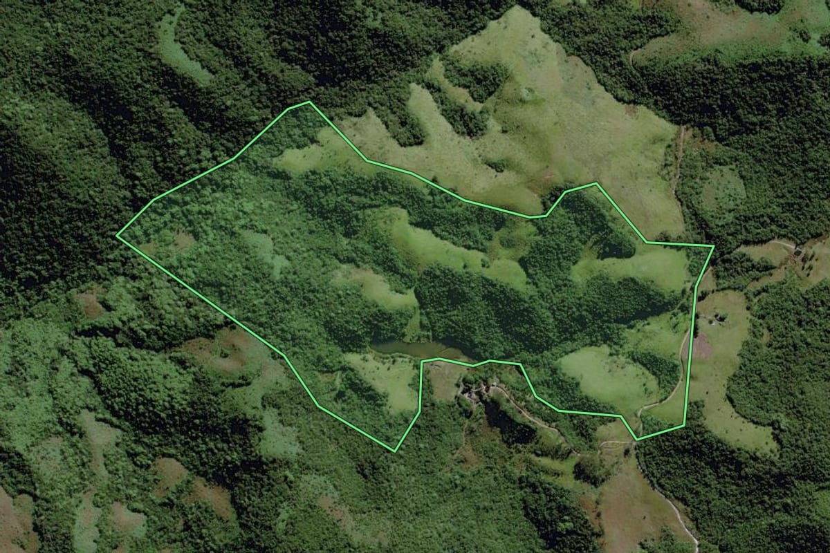Imagem de satélite do imóvel rural em Ibiúna (SP), com o contorno declarado no CAR desenhado por cima.