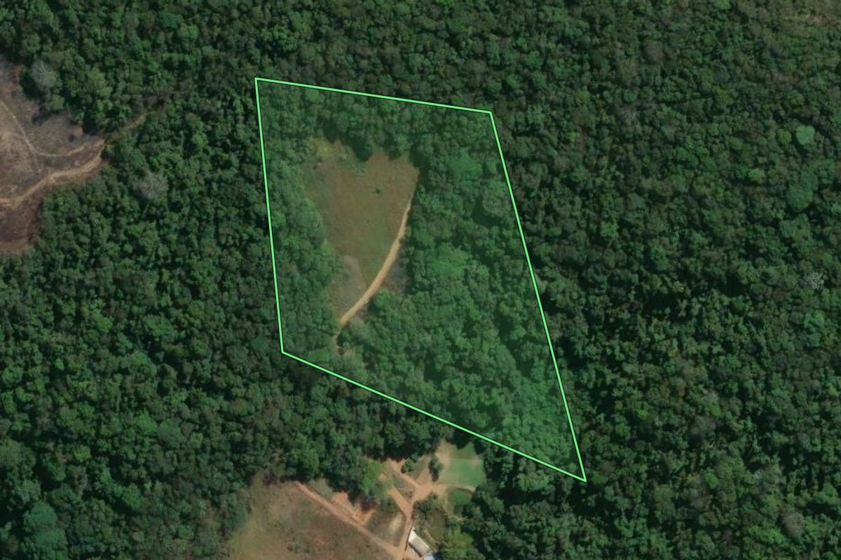 Imagem de satélite do imóvel rural em Ibiúna (SP), com o contorno declarado no CAR desenhado por cima.