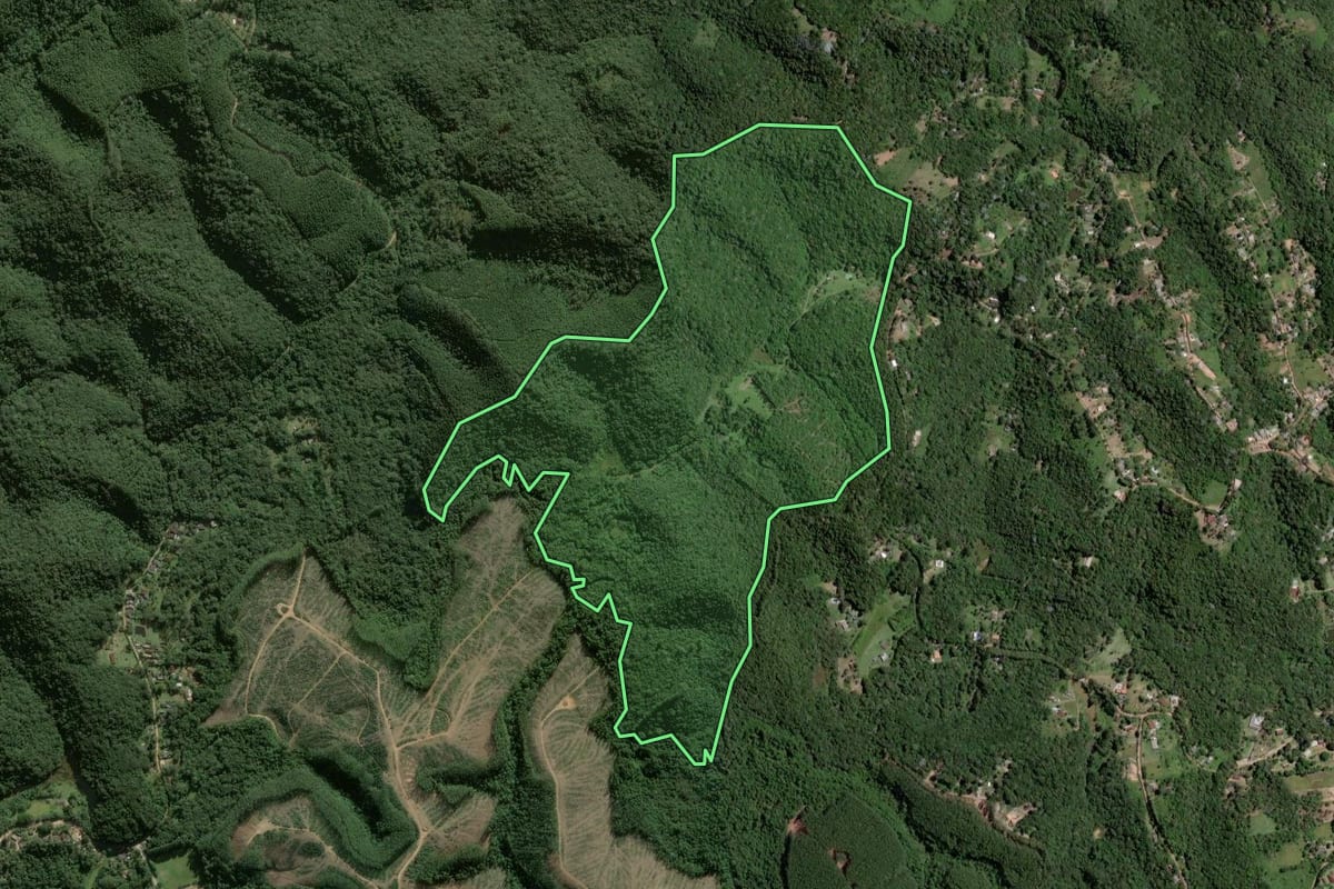 Imagem de satélite do imóvel rural em Ibiúna (SP), com o contorno declarado no CAR desenhado por cima.