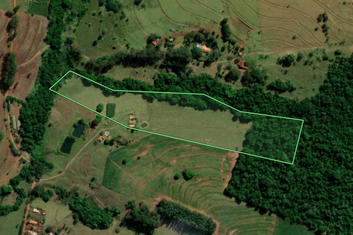 Imagem de satélite do imóvel rural em Iepê (SP), com o contorno declarado no CAR desenhado por cima.