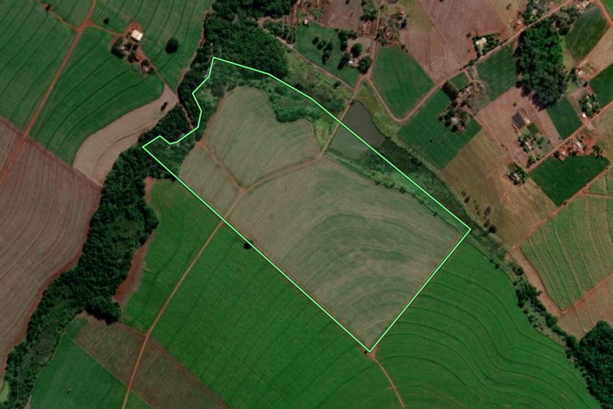 Imagem de satélite do imóvel rural em Iepê (SP), com o contorno declarado no CAR desenhado por cima.