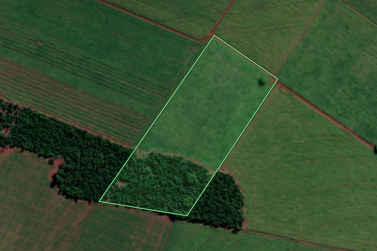 Imagem de satélite do imóvel rural em Iepê (SP), com o contorno declarado no CAR desenhado por cima.