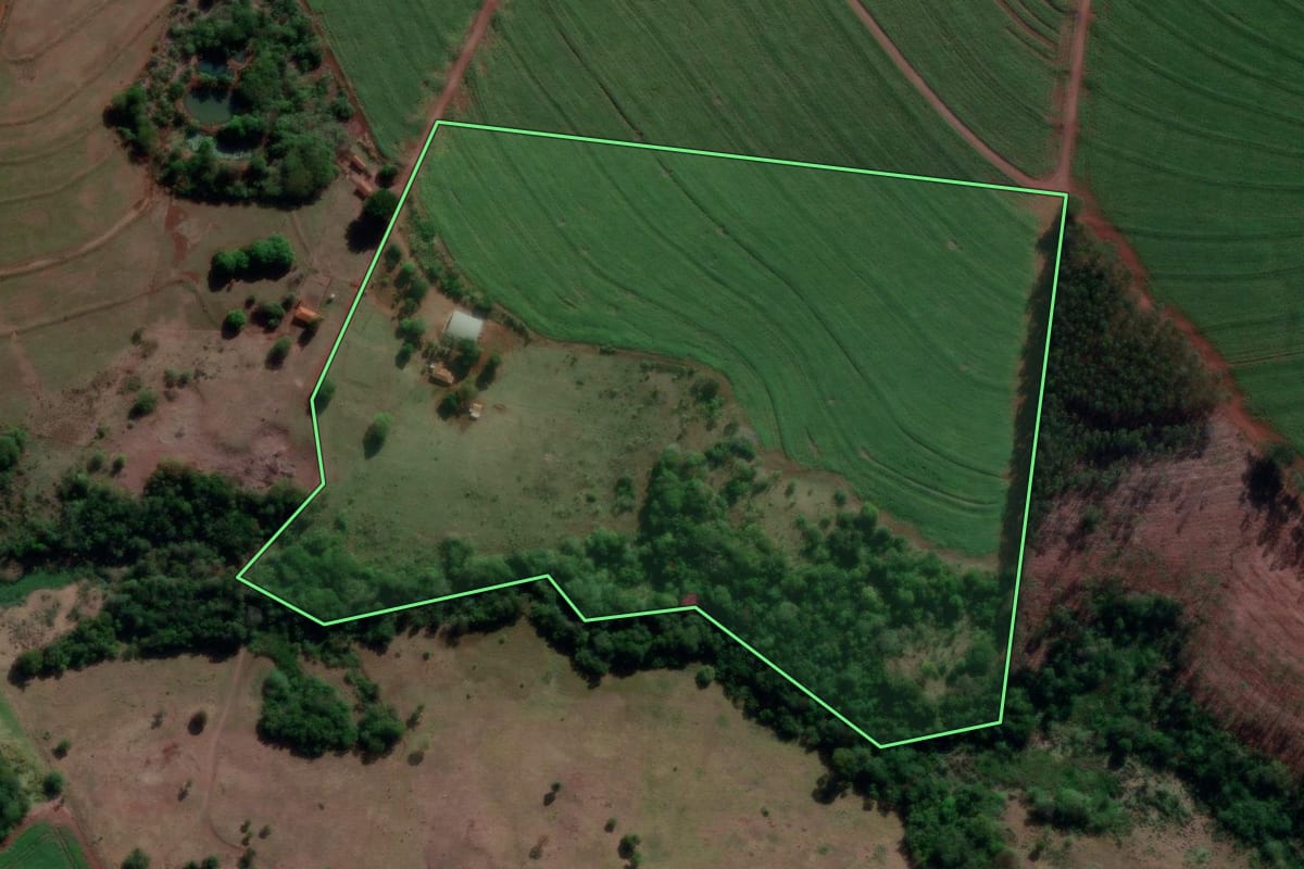Imagem de satélite do imóvel rural em Iepê (SP), com o contorno declarado no CAR desenhado por cima.
