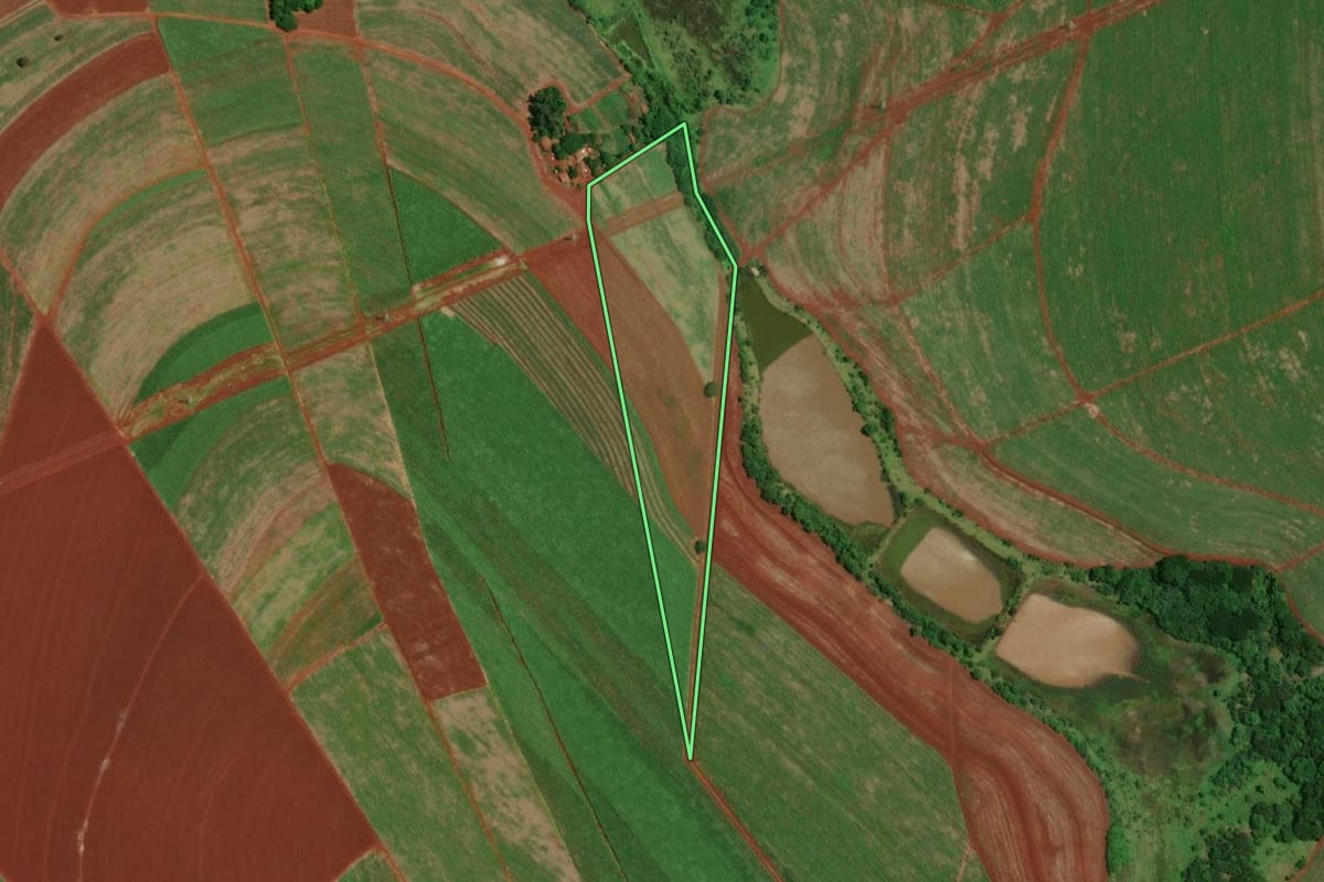 Imagem de satélite do imóvel rural em Igaraçu do Tietê (SP), com o contorno declarado no CAR desenhado por cima.