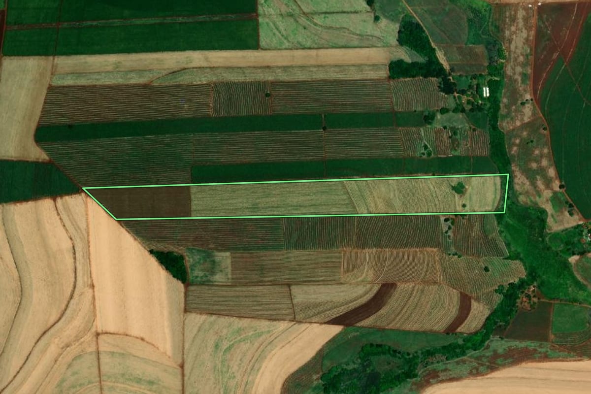 Imagem de satélite do imóvel rural em Igaraçu do Tietê (SP), com o contorno declarado no CAR desenhado por cima.