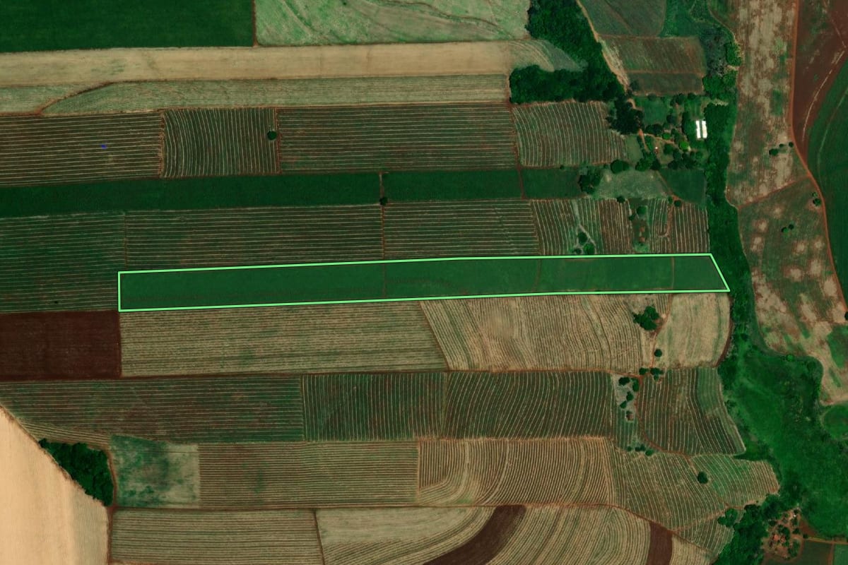 Imagem de satélite do imóvel rural em Igaraçu do Tietê (SP), com o contorno declarado no CAR desenhado por cima.