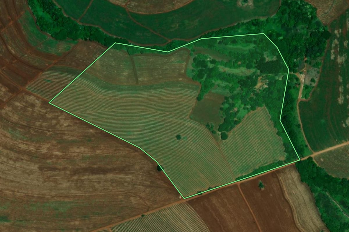 Imagem de satélite do imóvel rural em Igaraçu do Tietê (SP), com o contorno declarado no CAR desenhado por cima.