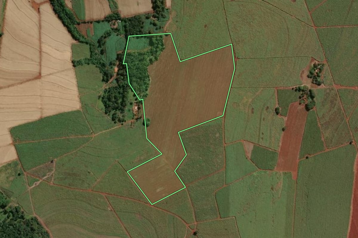 Imagem de satélite do imóvel rural em Igarapava (SP), com o contorno declarado no CAR desenhado por cima.