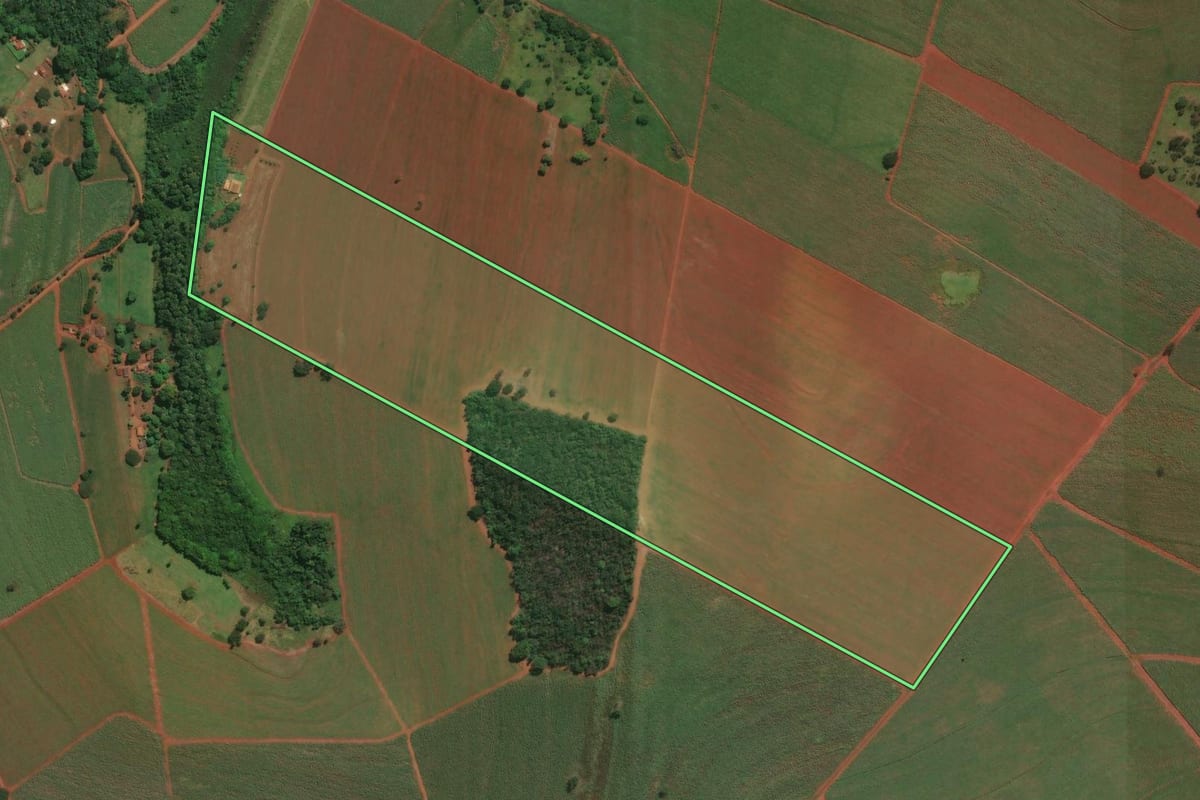 Imagem de satélite do imóvel rural em Igarapava (SP), com o contorno declarado no CAR desenhado por cima.