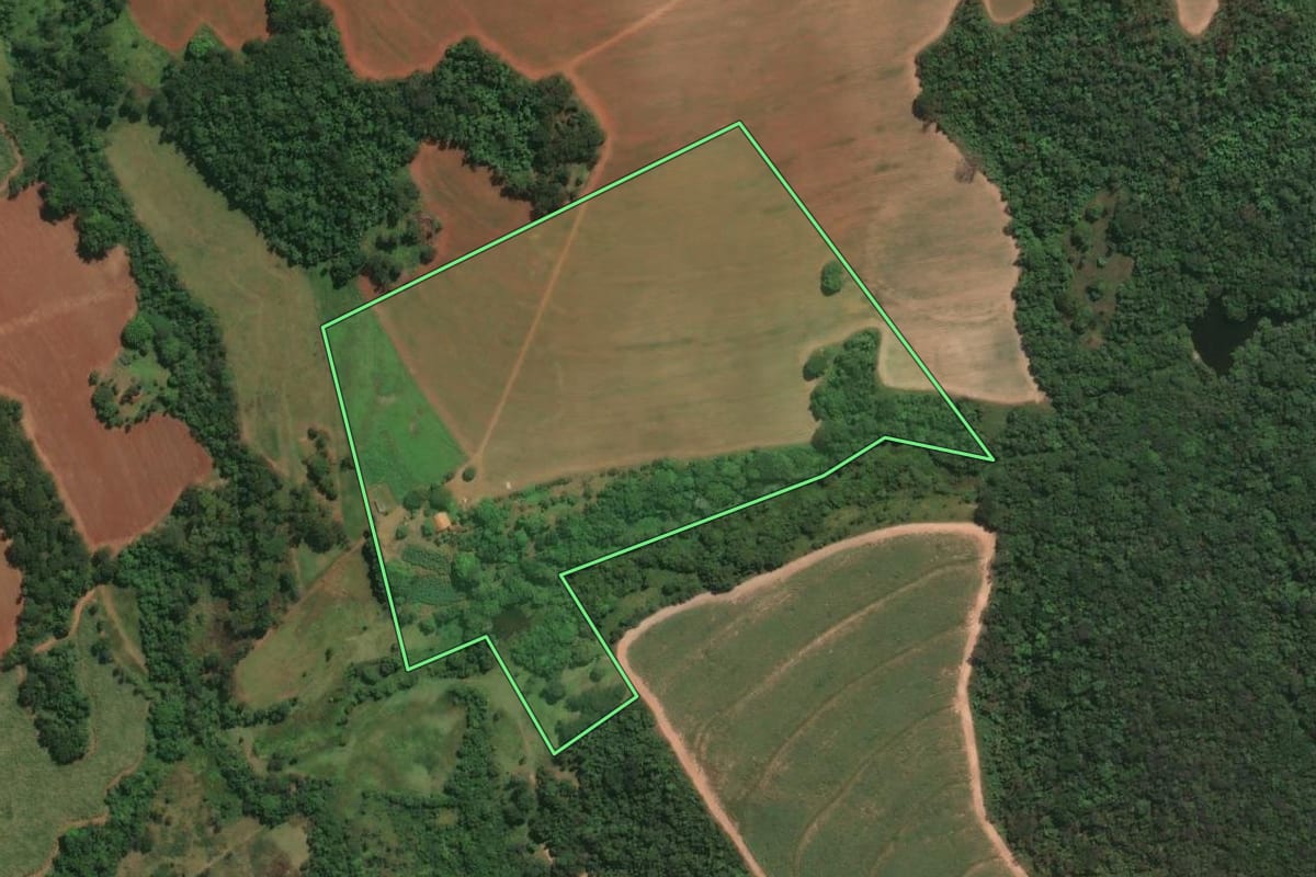 Imagem de satélite do imóvel rural em Igarapava (SP), com o contorno declarado no CAR desenhado por cima.