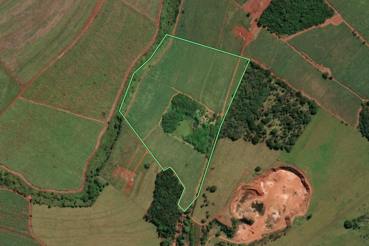 Imagem de satélite do imóvel rural em Igarapava (SP), com o contorno declarado no CAR desenhado por cima.