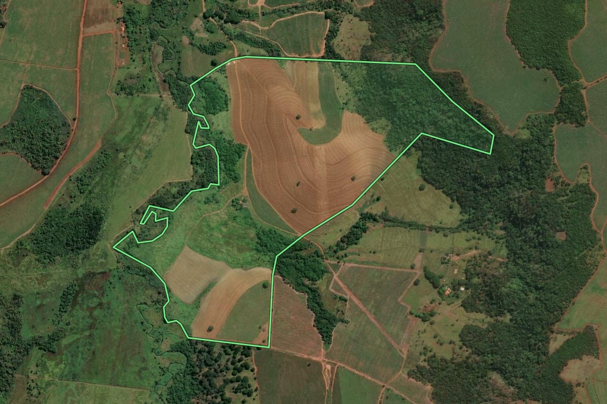 Imagem de satélite do imóvel rural em Igarapava (SP), com o contorno declarado no CAR desenhado por cima.