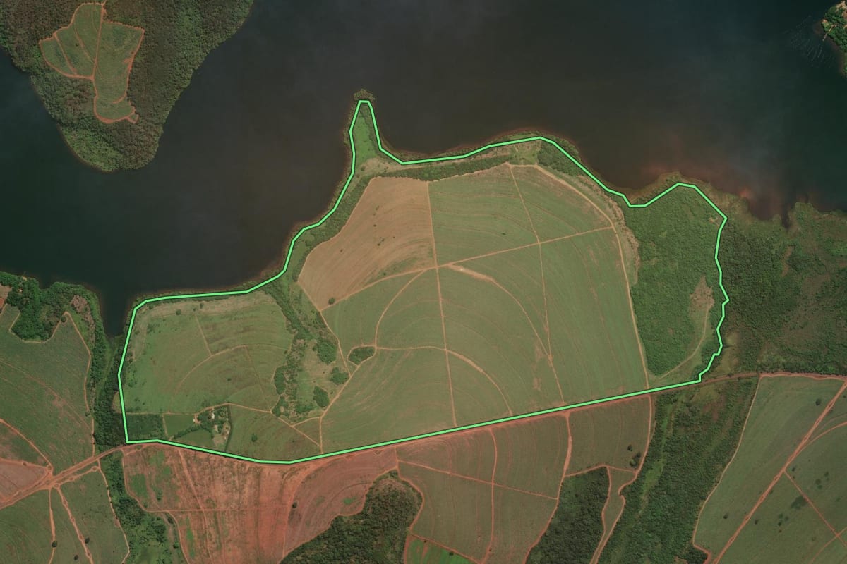 Imagem de satélite do imóvel rural em Igarapava (SP), com o contorno declarado no CAR desenhado por cima.