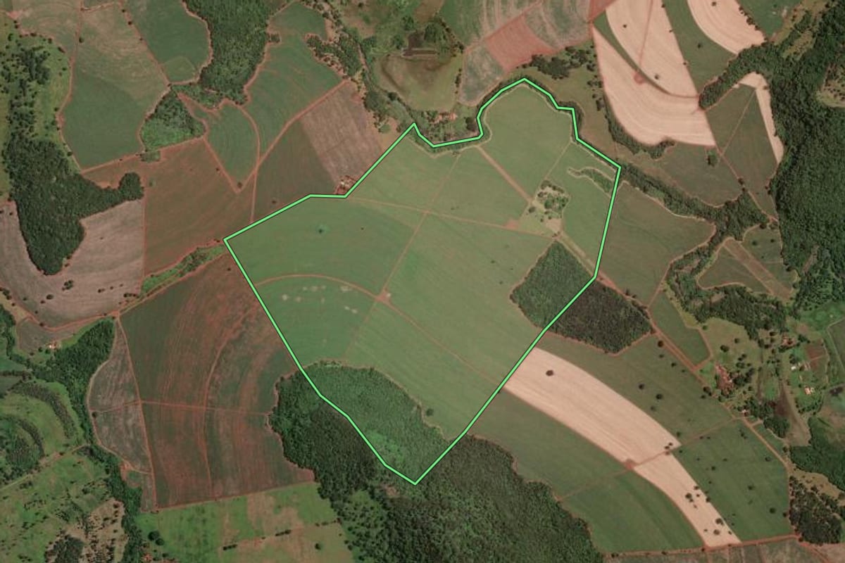 Imagem de satélite do imóvel rural em Igarapava (SP), com o contorno declarado no CAR desenhado por cima.