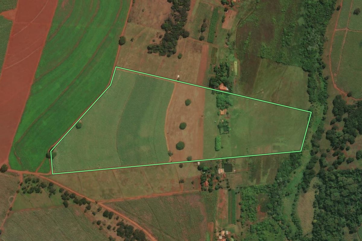 Imagem de satélite do imóvel rural em Igarapava (SP), com o contorno declarado no CAR desenhado por cima.