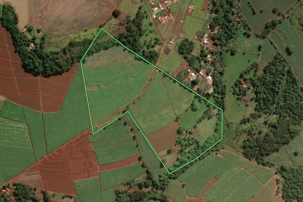 Imagem de satélite do imóvel rural em Igarapava (SP), com o contorno declarado no CAR desenhado por cima.