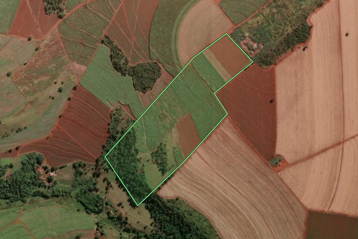 Imagem de satélite do imóvel rural em Igarapava (SP), com o contorno declarado no CAR desenhado por cima.