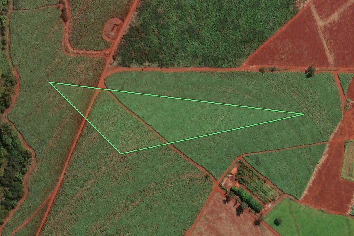 Imagem de satélite do imóvel rural em Igarapava (SP), com o contorno declarado no CAR desenhado por cima.