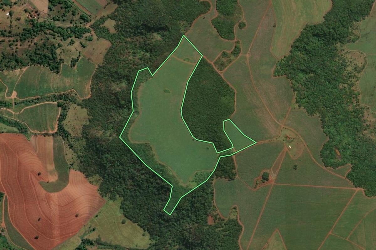 Imagem de satélite do imóvel rural em Igarapava (SP), com o contorno declarado no CAR desenhado por cima.