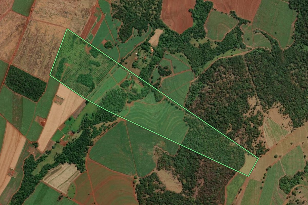 Imagem de satélite do imóvel rural em Igarapava (SP), com o contorno declarado no CAR desenhado por cima.