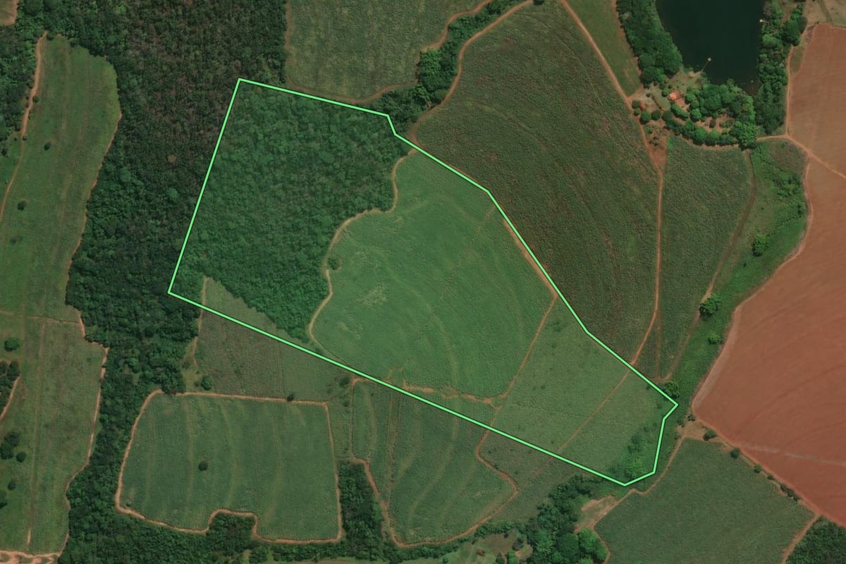Imagem de satélite do imóvel rural em Igarapava (SP), com o contorno declarado no CAR desenhado por cima.