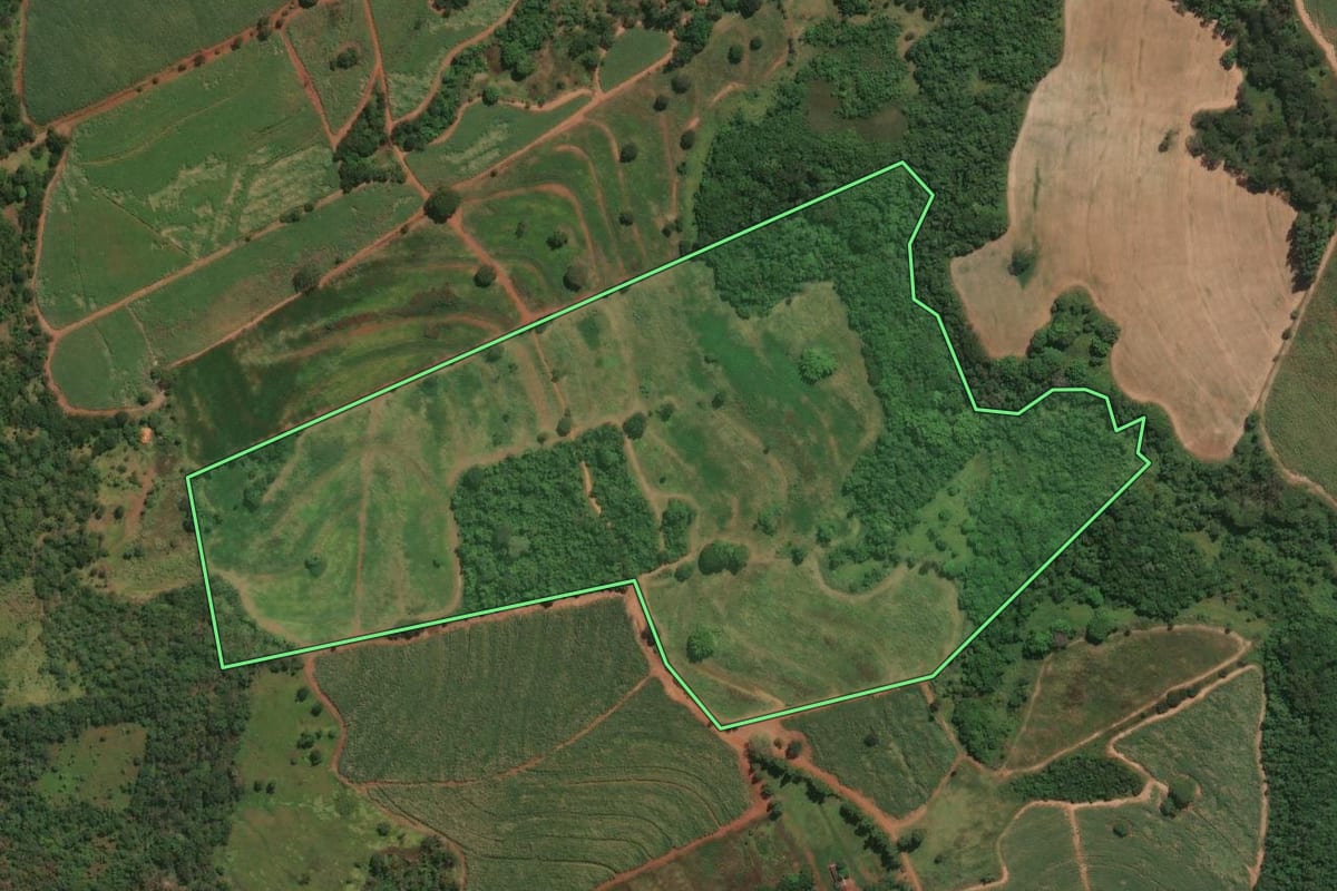 Imagem de satélite do imóvel rural em Igarapava (SP), com o contorno declarado no CAR desenhado por cima.