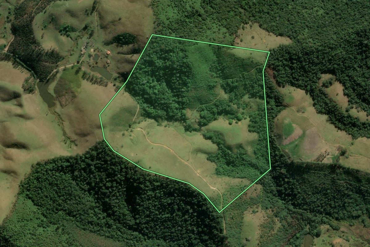 Imagem de satélite do imóvel rural em Igaratá (SP), com o contorno declarado no CAR desenhado por cima.