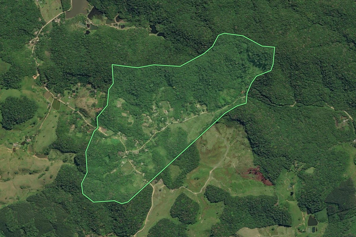 Imagem de satélite do imóvel rural em Iguape (SP), com o contorno declarado no CAR desenhado por cima.