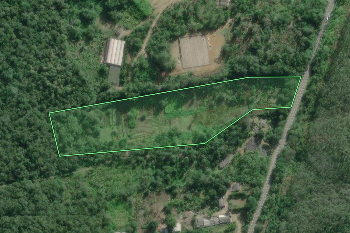 Imagem de satélite do imóvel rural em Iguape (SP), com o contorno declarado no CAR desenhado por cima.