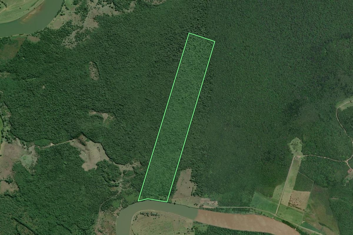 Imagem de satélite do imóvel rural em Iguape (SP), com o contorno declarado no CAR desenhado por cima.