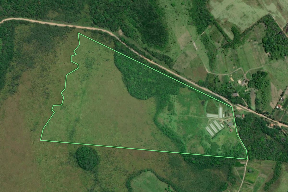 Imagem de satélite do imóvel rural em Iguape (SP), com o contorno declarado no CAR desenhado por cima.