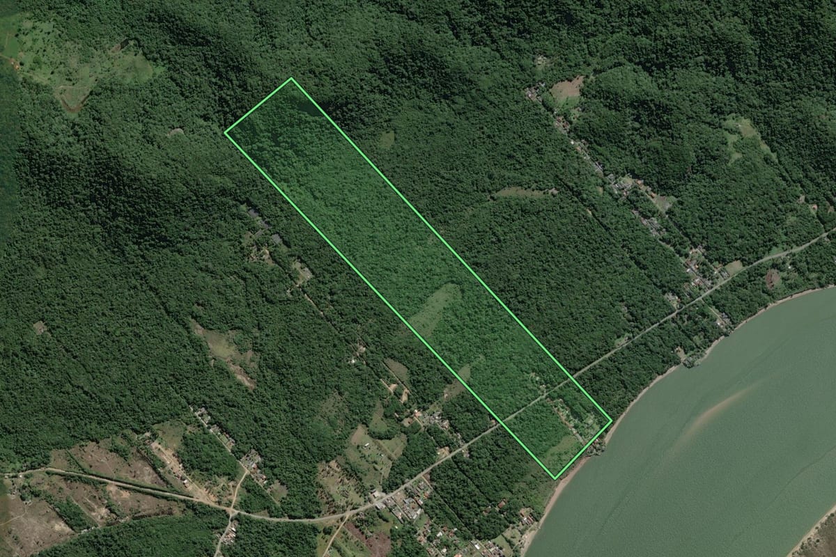 Imagem de satélite do imóvel rural em Iguape (SP), com o contorno declarado no CAR desenhado por cima.