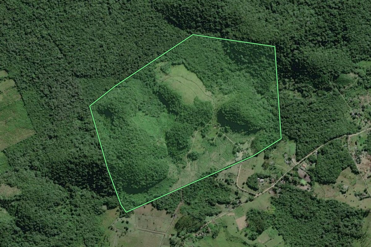 Imagem de satélite do imóvel rural em Iguape (SP), com o contorno declarado no CAR desenhado por cima.