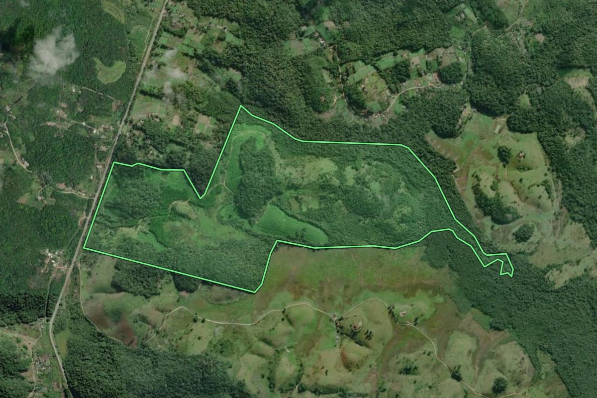 Imagem de satélite do imóvel rural em Iguape (SP), com o contorno declarado no CAR desenhado por cima.