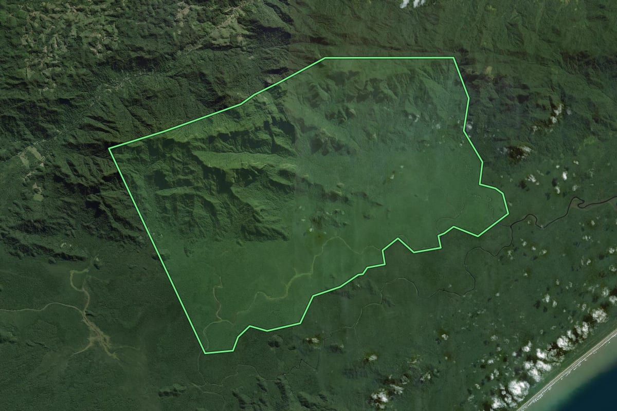 Imagem de satélite do imóvel rural em Iguape (SP), com o contorno declarado no CAR desenhado por cima.