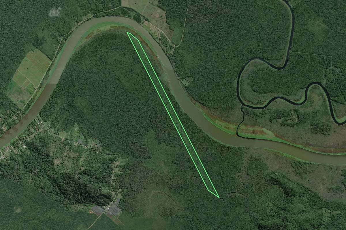 Imagem de satélite do imóvel rural em Iguape (SP), com o contorno declarado no CAR desenhado por cima.