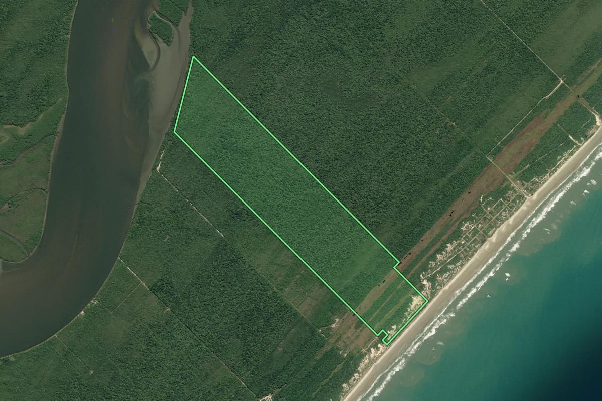 Imagem de satélite do imóvel rural em Ilha Comprida (SP), com o contorno declarado no CAR desenhado por cima.