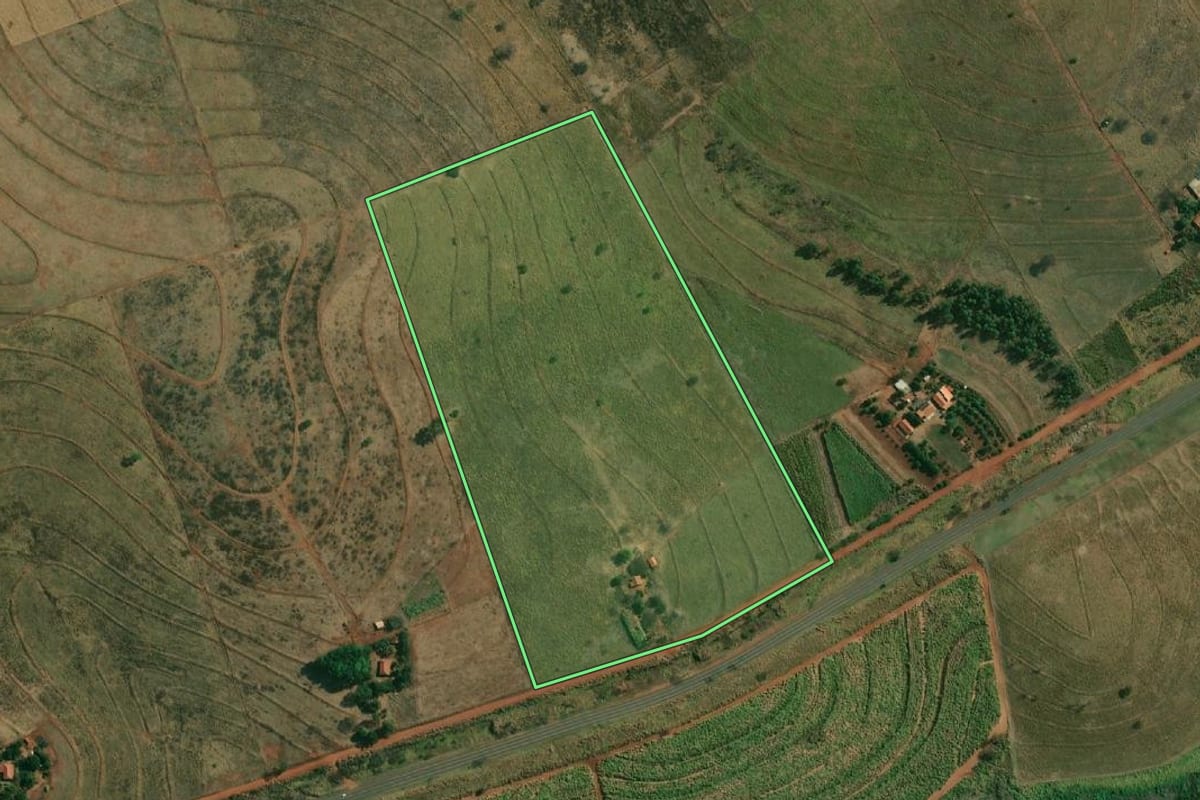 Imagem de satélite do imóvel rural em Ilha Solteira (SP), com o contorno declarado no CAR desenhado por cima.