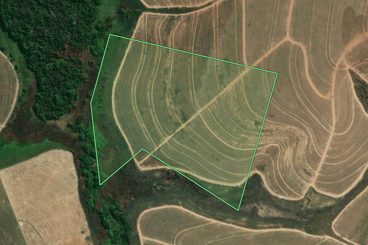 Imagem de satélite do imóvel rural em Indaiatuba (SP), com o contorno declarado no CAR desenhado por cima.
