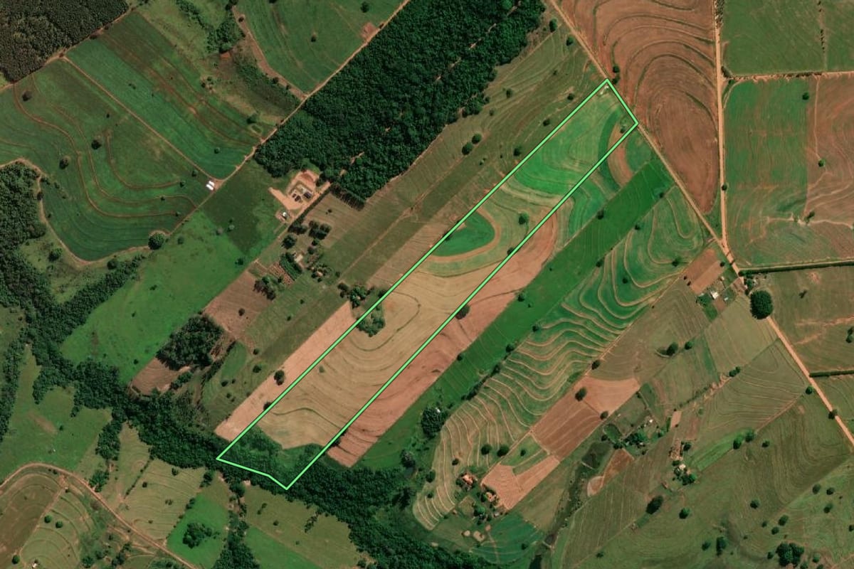 Imagem de satélite do imóvel rural em Indiana (SP), com o contorno declarado no CAR desenhado por cima.
