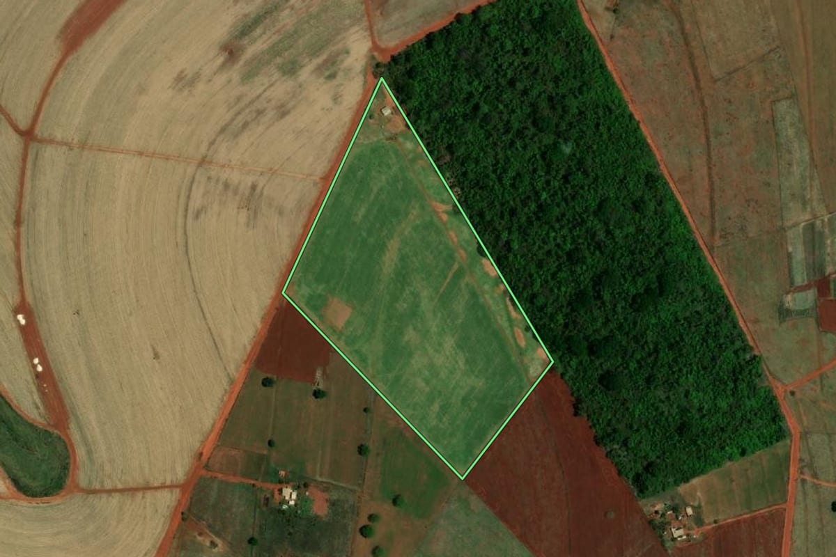 Imagem de satélite do imóvel rural em Indiaporã (SP), com o contorno declarado no CAR desenhado por cima.