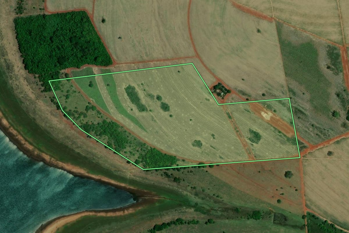 Imagem de satélite do imóvel rural em Indiaporã (SP), com o contorno declarado no CAR desenhado por cima.
