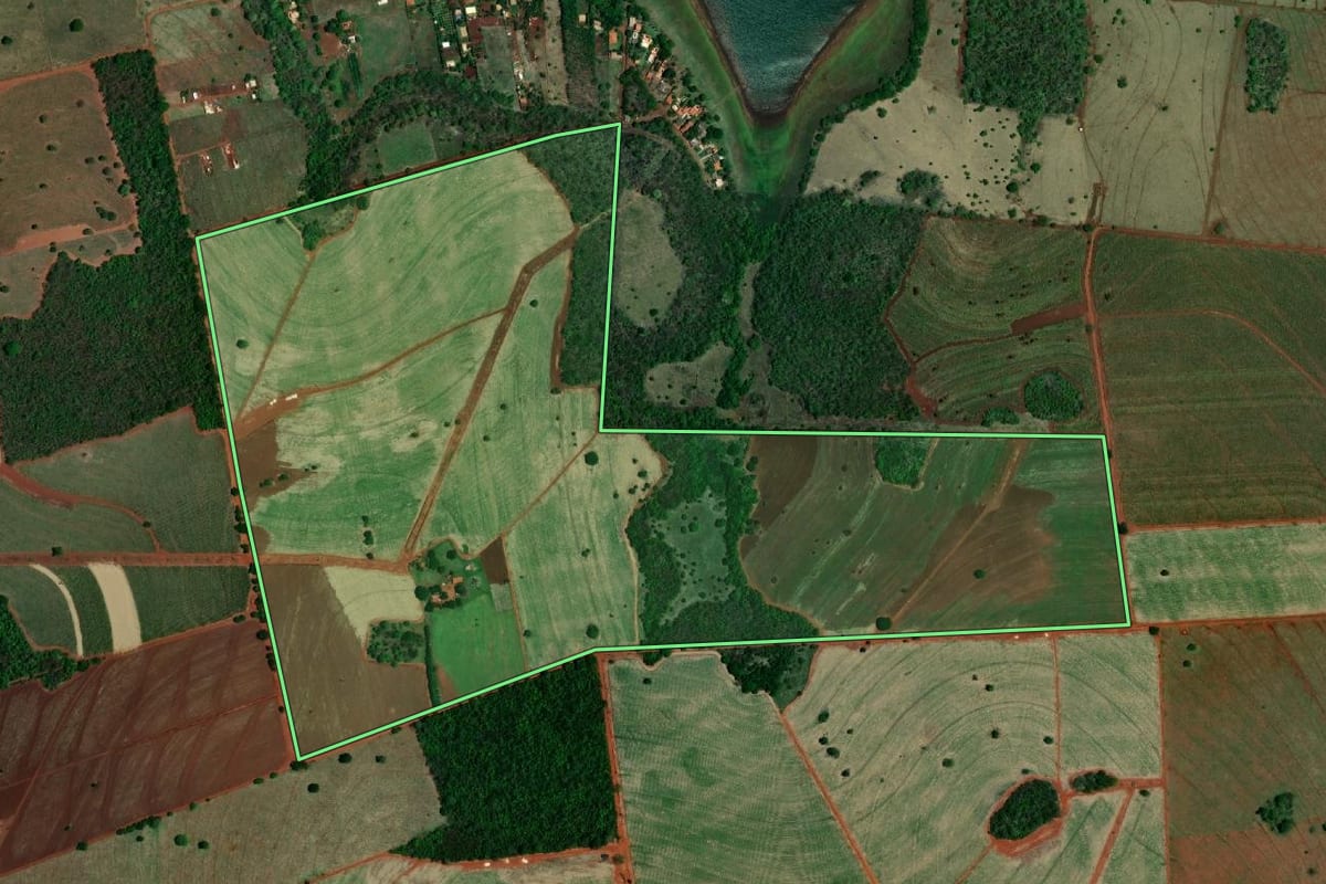 Imagem de satélite do imóvel rural em Indiaporã (SP), com o contorno declarado no CAR desenhado por cima.