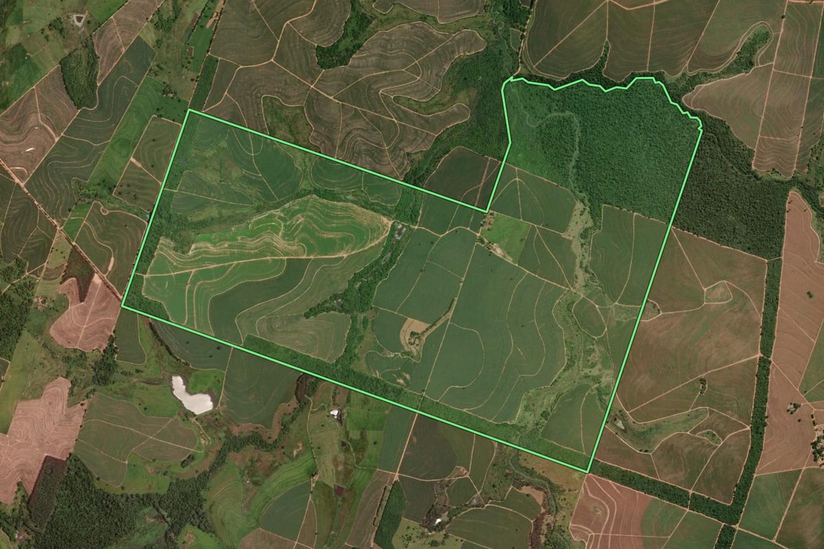 Imagem de satélite do imóvel rural em Inúbia Paulista (SP), com o contorno declarado no CAR desenhado por cima.