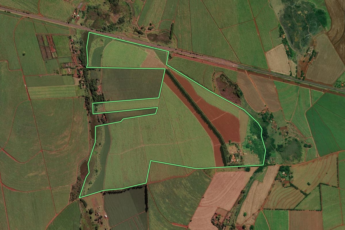 Imagem de satélite do imóvel rural em Ipaussu (SP), com o contorno declarado no CAR desenhado por cima.