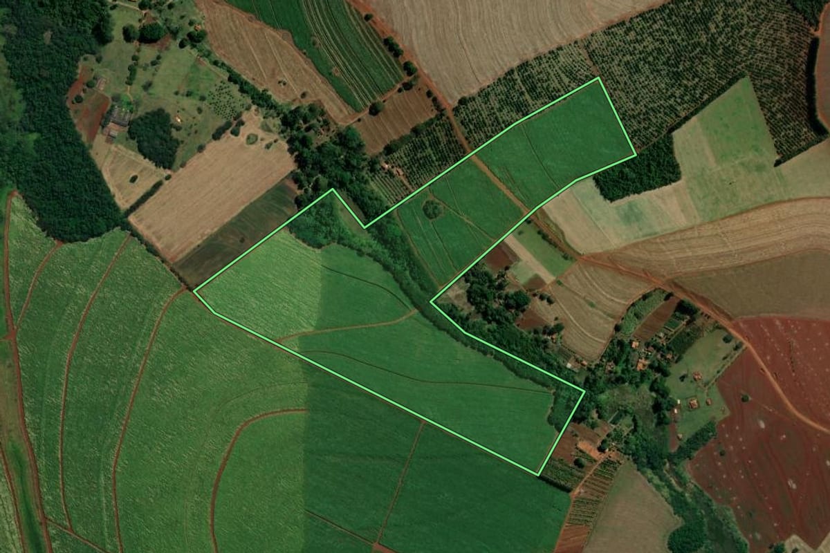 Imagem de satélite do imóvel rural em Ipaussu (SP), com o contorno declarado no CAR desenhado por cima.