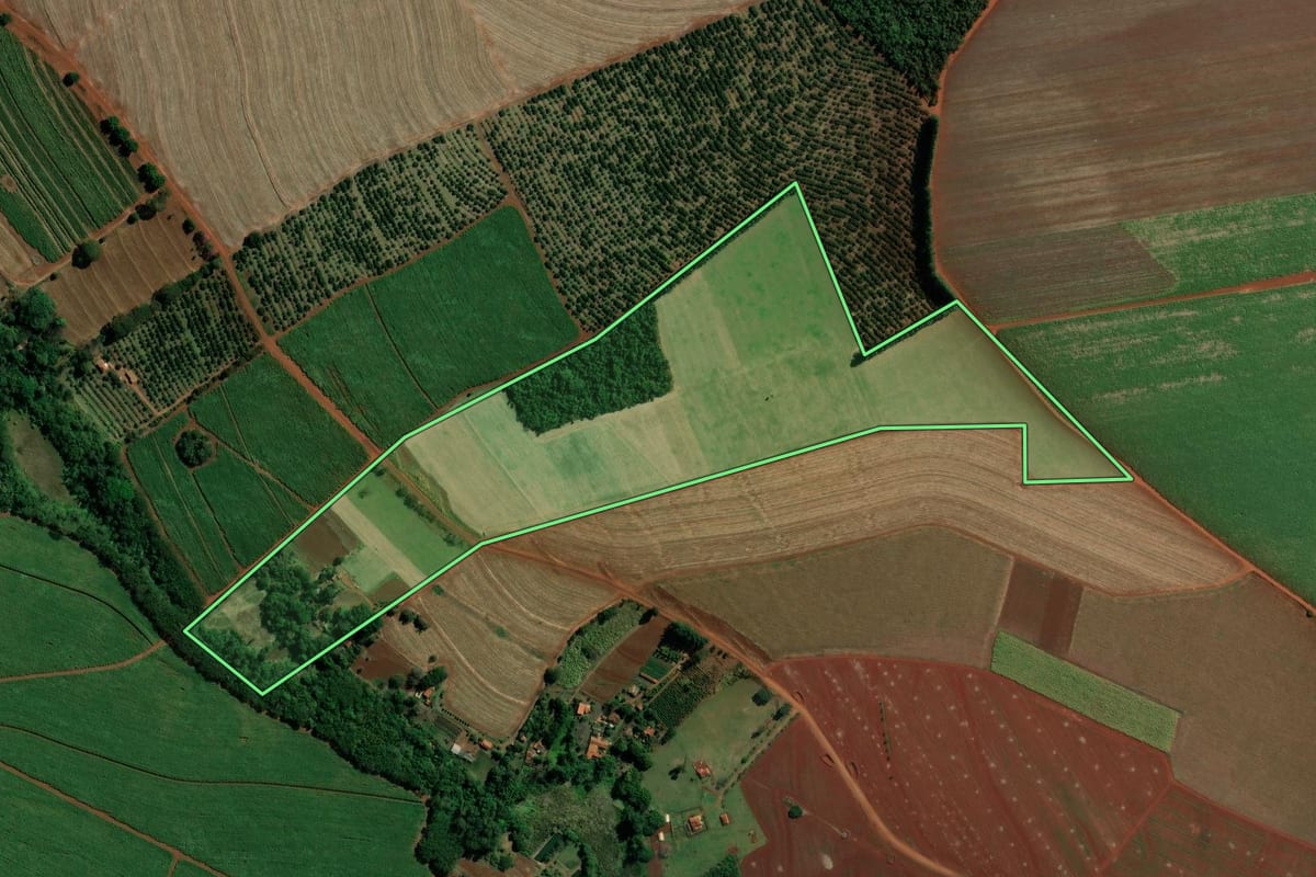 Imagem de satélite do imóvel rural em Ipaussu (SP), com o contorno declarado no CAR desenhado por cima.