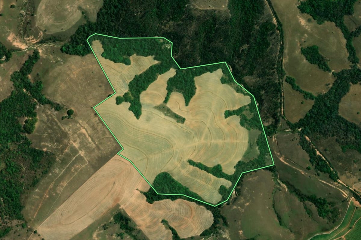 Imagem de satélite do imóvel rural em Ipeúna (SP), com o contorno declarado no CAR desenhado por cima.