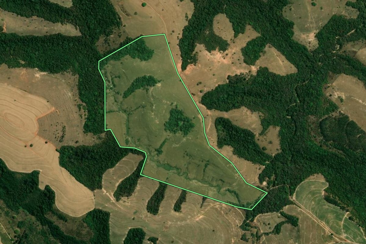 Imagem de satélite do imóvel rural em Ipeúna (SP), com o contorno declarado no CAR desenhado por cima.